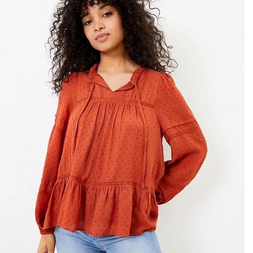 Loft copper brown Striped Clip long sleeve peasant Blouse size large